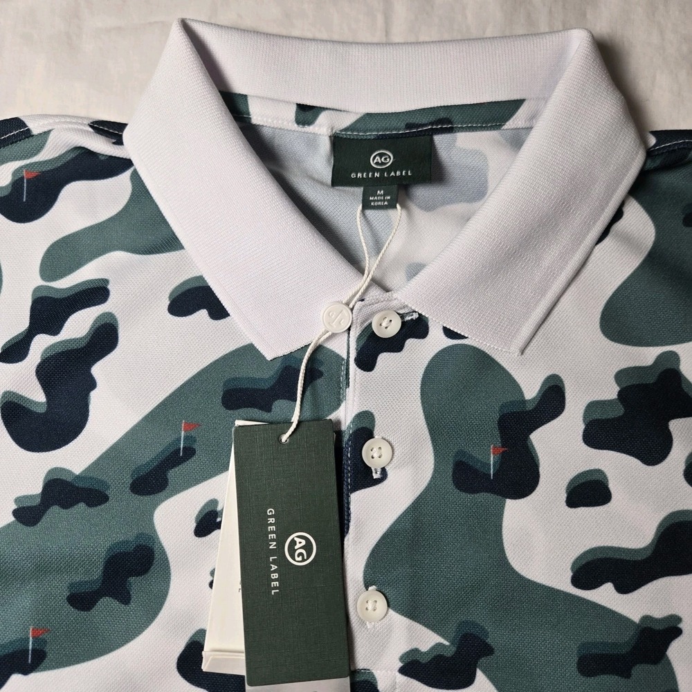 NWT AG Green Label Polo Men's Medium ‎ Golf Shirt Golf Green Print With Flag